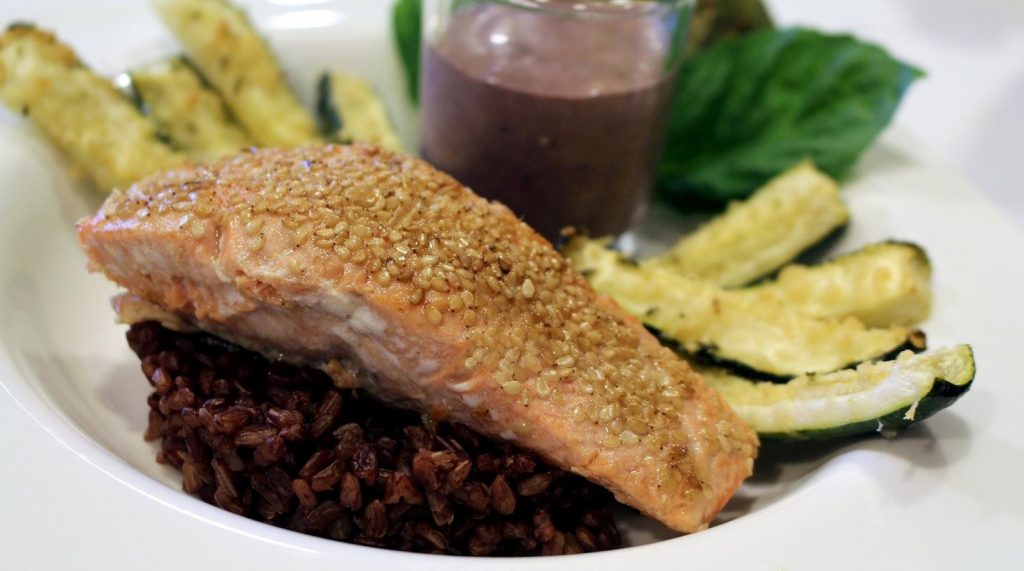 Sesame Salmon with Red Rice and Zucchini and Whole Vine MErlot jp 5-5-15